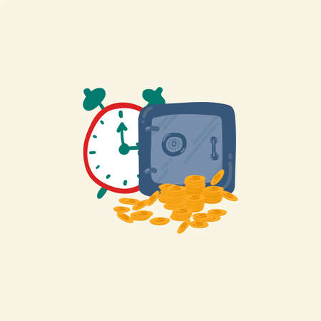 Illustration of a safe with money. Cartoon picture with gold coins, a watch and a safe. In the circle of jungle and nature coins. The concept of financial security in a safe and time. Money and watches in the safe are safe. Drawn in the Doodle style. Vector illustrationのイラスト素材
