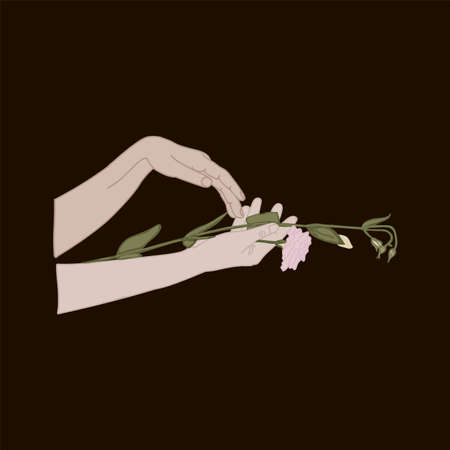 A woman with a flower in her hand. Women's hands hold a flower. Illustration of a hand holding a cute flower. Beautiful hand gestures. A bunch of floral elements is distributed as a gift. Simple delicate blooming flat vector. Vector illustrationのイラスト素材