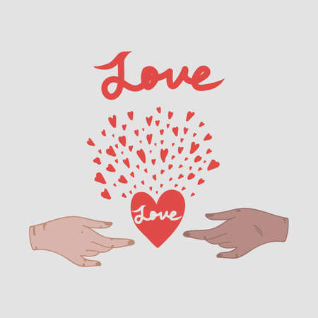 Vector illustration of hands in a circle of hearts. Hand-drawn heart clip art with the inscription Love. The concept of cards on February 14. Isolated image. Vector illustrationのイラスト素材