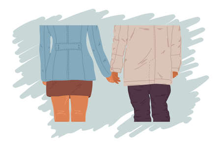 Beloved people hold hands. Two people from the back. A couple of loving people, together. Concept for a greeting card for February 14, love day. Hand-drawn in the isolated clipart vector. Vector illustrationのイラスト素材
