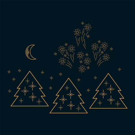 Festive illustration of a Christmas tree forest. Happy New year and merry Christmas in the sparkling forest. Drawn in gold from the hands of a linear festive Christmas card. Lights sparkle on Christmas trees. Fireworks are booming in the festive sky. Sparkling vector illustration for your design. Vector illustrationのイラスト素材