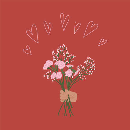 Illustration of a bouquet of flowers. A human hand holds flowers. Clipart on a red background with a bouquet of beautiful flowers. Gifts of flowers for mother's day, daughter's day and women's day. Hand-drawn in vector. Vector illustrationのイラスト素材