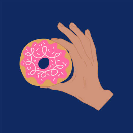 Illustration of sweet candy donuts. Hand-drawn in the flat style. Hand of a man with a doughnut and icing. Sugar buns concept of a bakery, pastry shop. Workshop for the preparation of sweets and pastries. Vector illustrationのイラスト素材