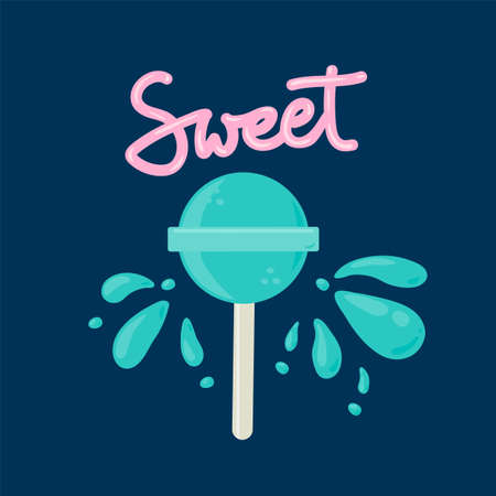 Mint candy on a stick in a circle of squabbles. Vector illustration, round caramels on a stick with the inscription Sweet. Drawn for a candy store or pastry shop. Isolated illustration of a cute sweet candy. Vector illustrationのイラスト素材
