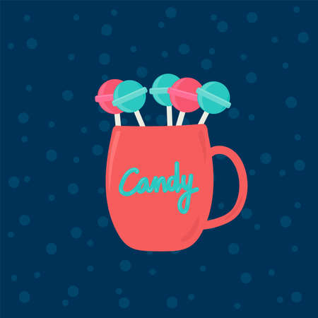Illustration of a Candy mug with caramel. Colorful round caramels. Vector clipart, red Christmas mug with sweets. Winter mint and fruit candies in a glass with the inscription Candy. Drawn for a candy store or pastry shop. Vector illustrationのイラスト素材