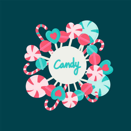 Candy round frame background with realistic fruit lollipops and candy spiral colorful candies. Vector illustration drawn for a sweet shop or candy store. Vector illustrationのイラスト素材