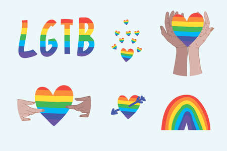 Collection of LGBT illustrations. Set to demonstrate your independence: Gay, Lesbian, Transgender, Bisexual. Beautiful inscription, heart in hand, rainbow, painted in the color of the rainbow symbol of the LGBT movement. Vector illustrationのイラスト素材