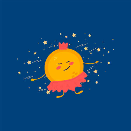 Cute baby sun in a circle of stars. Cartoon planetary picture for childrens textiles or clothing. Childrens planetary, space, milky way, fashion, clothing. Isolated clipart. Vector illustrationのイラスト素材