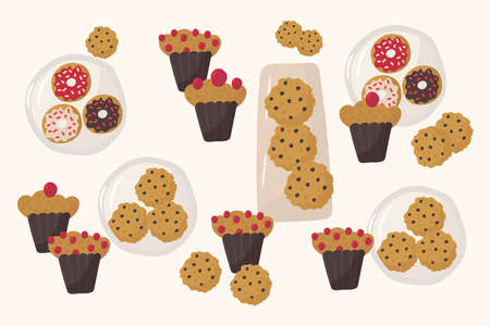 Doodle sweet cookie vector.Bakery, cupcakes and desserts, set for baking. Flat hand drawn isolated objects. Pastry shop fragrant dough collection beautiful poster. Vector illustrationのイラスト素材