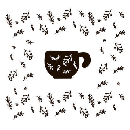 Cartoon dishes Cup with a floral Scandinavian pattern. Hand-drawn texture of flowers on a circle. In a modern, folk style. A black dish with a white pattern in a circle of flowers. Poster for interior and Textile for kitchen fashion. Isolated vector fun illustration in a trendy tableware style. Vector illustrationのイラスト素材
