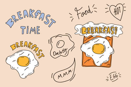 Beautiful Breakfast set. A quick snack in the style of hand-drawn Doodle lettering. Vector illustration of omelet and egg food. Vector illustrationのイラスト素材
