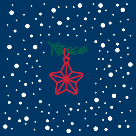 New year's Christmas star in a circle of snow. Vector Christmas tree decorations in linear style snowflake background.のイラスト素材