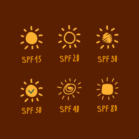 Set of sun protection icons. Sun logo in a vector of different types with SPF filters. Hand-drawn illustration of a yellow. Beautiful versions of the icons for your design. Vector illustrationのイラスト素材