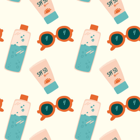 Summer pattern Safety in the sun. Sunscreen background on the beach. Illustration hand-drawn water...