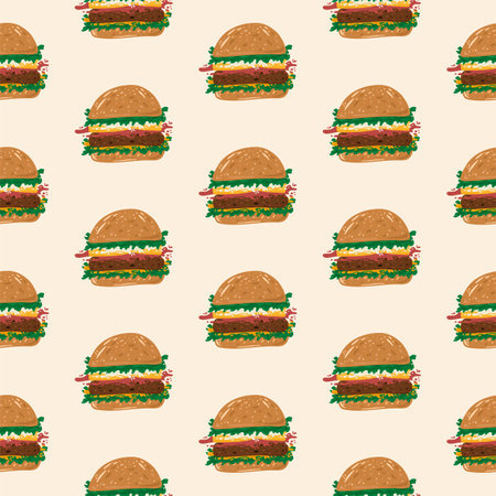 The hamburger pattern. Illustration of takeaway food. Bun, sauce, ketchup, mustard, beef, green salad, cheese, hamburger, sausage in a bun.cute background on your textiles. Takeaway, on the run, snack. Vector illustrationのイラスト素材