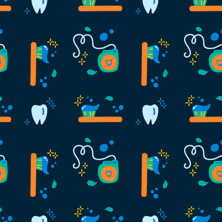 Pattern for cleaning teeth and oral cavity. Cartoon background of brushing teeth and mouth in linear style for texture. Drawn in vector brush with tooth mint paste, dental floss, teeth. Cute background poster for dental care and oral hygiene. Beautiful textiles for children's dentistry. Vector illustrationのイラスト素材