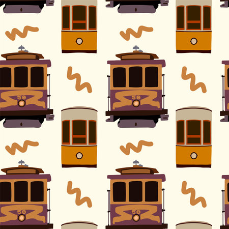 Old tram pattern. Yellow Tramcar vehicles for city trips. Streetcar electric cars in the States are a backdrop for traveling the streets. Transport backing is ideal for issuing a travel ticket. Cute cars for transport flyers, travel guides, travel tickets. Vector illustrationのイラスト素材