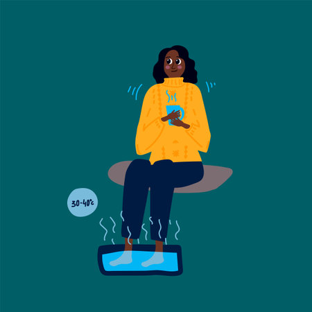 A woman treats frostbite. Vector linear illustration of frozen feet in hot water. Poster with a girl action after a cold temperature. Drawing of a Man warming his feet in water. Vector illustrationのイラスト素材