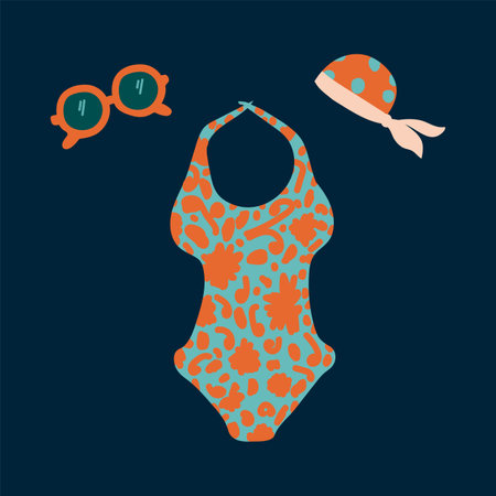 Beautiful set of underwear and swimwear. beautiful types of women's beach fashion clothing, swimsuit, bikini, monokini, hat, glasses, bottled water. Cartoon beachwear poster pictures. insulated beach accessories. Vector illustrationのイラスト素材