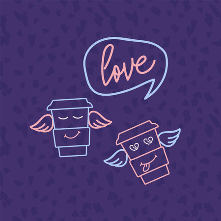 Postcard for the day of love with the inscription. Cute characters, a circle with wings, hearts and letters from the hand of Love. Valentines day poster for a Declaration of love. Vector illustrationのイラスト素材