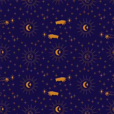 Golden mystic hand pattern and moon. Christmas background Hand drawn with twinkling stars. Seamless vector with elements of mysticism and esotericism.  Vector illustrationのイラスト素材