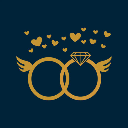 Cute gold postcard. Wedding invitation template with gold rings. Cartoon Illustration in a circle of hearts. A picture for your loved ones. Vector illustrationのイラスト素材