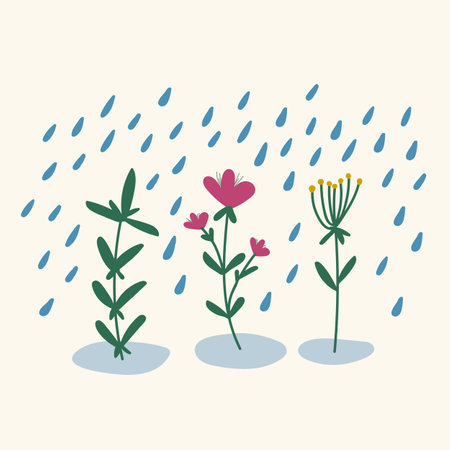 Spring flowers in the rain. Collection of plants under water drops. Flower and grow field, meadow. Natural spring motifs with a bouquet. Vector illustrationのイラスト素材