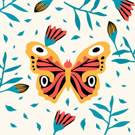 Tropical butterflies. A variety of insects fly near flowers. Doodle picture of soaring, colored, antennae, winged in nature. Illustration for a spring or summer poster. Vector illustrationのイラスト素材