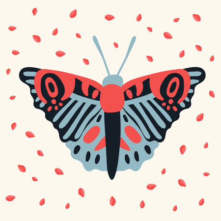Postcard of a moth. Cute Butterfly in the tropics of grass. Poster hovering, multicolored, winged, whiskered, pollinating flowers, moth, silkworm, mol, cutworm, dragonfly. A picture with flowers and a moth. Vector illustrationのイラスト素材