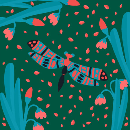 Postcard dragonfly in the grass. Cute butterfly in the tropics of the forest.のイラスト素材