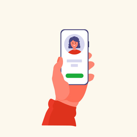 Hand holding the phone. Telephone with a picture of a happy girl on the screen. Online chat, phone or video call. Vector of a cartoon woman in the app. Vector illustrationのイラスト素材