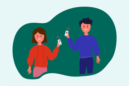 People holding phones in their hands. Cartoon Vector Man and Woman with Telephone and People on the screen. Online chat, phone or video call. Vector illustrationのイラスト素材
