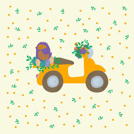 Postcard Easter bird on transport. Spring pattern of bike and chicken. Illustration Easter, spring, trees, greenery, flowers, nest house, bird eggs, foliage, transport. Vector illustrationのイラスト素材