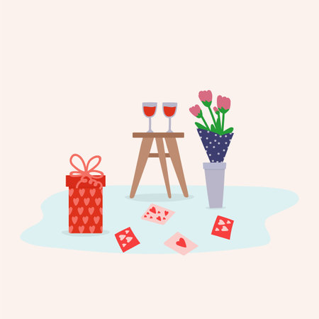 Gifts for the day of Love. Interior with a box with gifts for lovers. Cute presents with hearts, flowers, postcards. Vector illustrationのイラスト素材