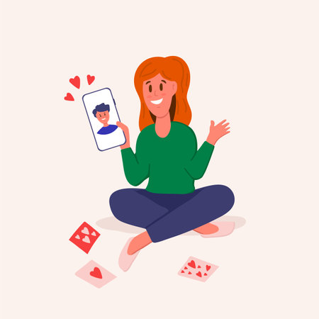 The girl's hand holds the phone. A woman in a circle of postcards. The concept of social networks, a date on the phone. Online chat, phone or video call. Vector illustrationのイラスト素材