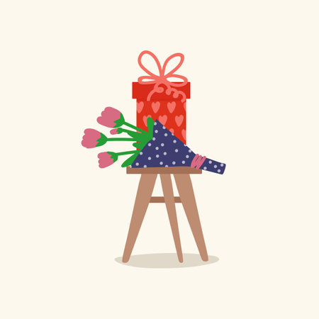 A set of gifts for lovers. A box with a gift, a bouquet of flowers.Present in the interior on the table. Vector illustrationのイラスト素材
