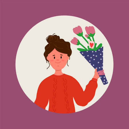Girl portrait with bouquet. Happy woman with flowers and a postcard. A gift for your loved ones, gifts for Valentine's Day, March 8. Vector illustrationのイラスト素材