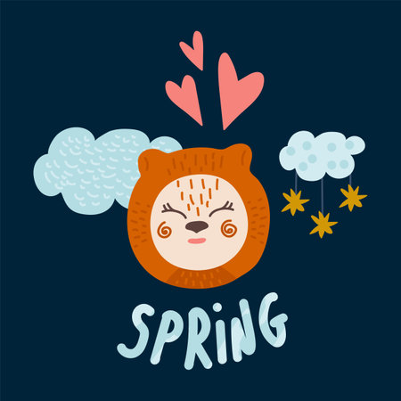 Fashion baby bear greeting card. Illustration of a bear with the inscription Spring. For a gift of Stars, Clouds, Hearts. Vector illustrationのイラスト素材