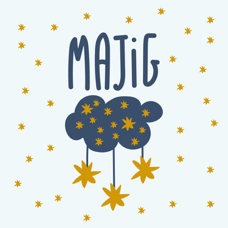 Postcard with Clouds and Stars. Fashion baby. Illustration of a cloud on a starry background. For a gift, Flowers, Clouds, Hearts, Stars, And the Moon. Poster and fashionable children's clothing. Vector illustrationのイラスト素材