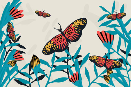 Spring butterfly banner. The doodles depicted winged, soaring butterflies, flowers, spring, eggs, and summer. Flower poster with moths in the tropics. Vector illustrationのイラスト素材
