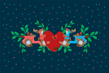 Cute postcard with a bike. Love proporty in the circle of the tropics and butterflies. A poster with a heart about love on Valentine's Day. Vector illustrationのイラスト素材