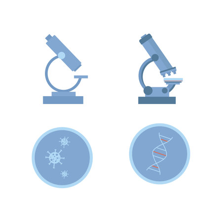 A set of lab tools icons. Microscopes and viruses. Vector research in the laboratory illustration in a flat style. Vector illustrationのイラスト素材