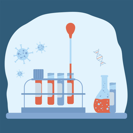 Clipart of laboratory research. The concept of vaccine discovery. A set of blood for the study of antibodies. Vector illustration in flat cartoon style. Vector illustrationのイラスト素材