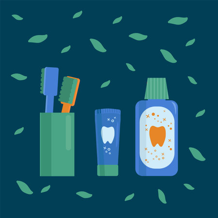 A set for brushing your teeth. Collection of tools for cleaning teeth and oral cavity. Toothpaste, mouthwash, Brushes in a glass. Vector illustrationのイラスト素材