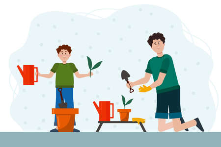 Father and son in the garden. The family digs, plants, waters, and spends time outdoors. Dad with a child in nature. Flat vector cartoon illustration of a family. Vector illustrationのイラスト素材