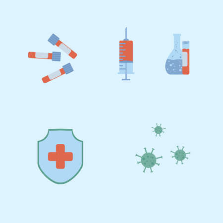 A set of lab tests icons. Test tubes, Viruses, syringes, Flasks, and blood. Vector research in the laboratory illustration in a flat style. Vector illustrationのイラスト素材