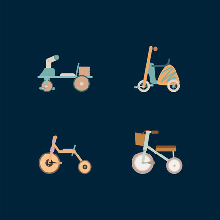 A set of children's bicycles. Two-wheeled and three-wheeled bicycles. Bicycle illustration, Bicycle icon. Vector children's toy. An isolated object in a flat design. Vector illustrationのイラスト素材