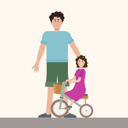 Dad teaches his daughter to ride a bike. Illustration of a parent teaching a child. Vector picture of a girl on a bicycle. Vector illustrationのイラスト素材