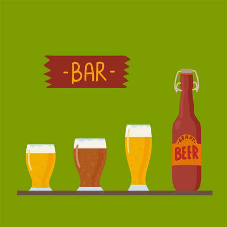 Vector set of beer glasses and bottle. A collection of Illustrations for the pub bar menu. Oktoberfest poster with different alcoholic beverages. Vector illustrationのイラスト素材
