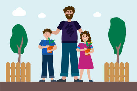A father with children in a vector in nature. Cartoon concept of parents with children on a picnic. Drawn in a flat style. Vector illustrationのイラスト素材